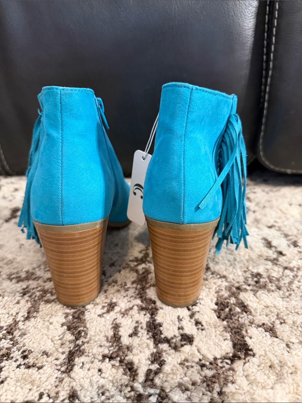 Turquoise Fringe Peep-Toe Ankle Boots - Women's - Picture 5 of 9